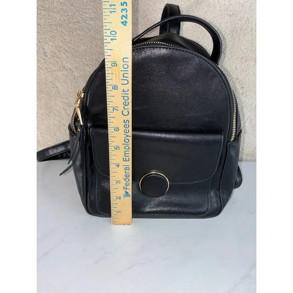 Black Faux Leather Mini Backpack - Small - Gold Hardware Chain Lining Chic Dark